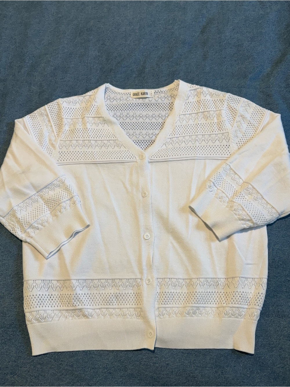 Grace Karin White Crochet Pointelle Hollow-Out Knit Button Cardigan – Size L